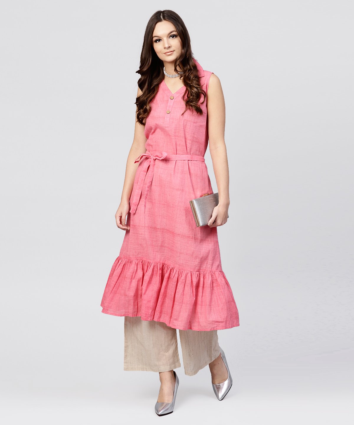 Women's Pink Cotton Tiered Dress With Shirt Collar And Front Packet - Nayo Clothing