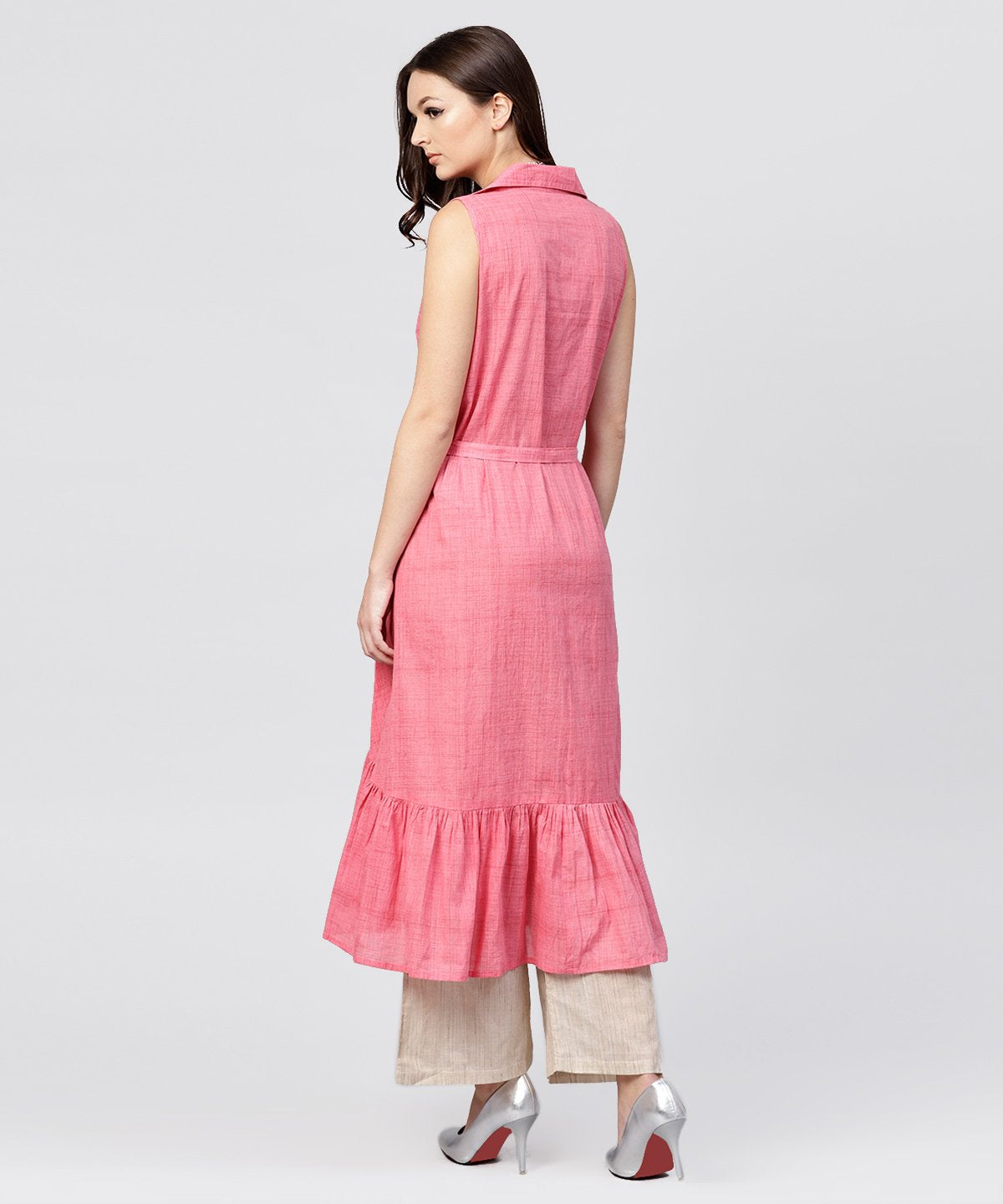 Women's Pink Cotton Tiered Dress With Shirt Collar And Front Packet - Nayo Clothing