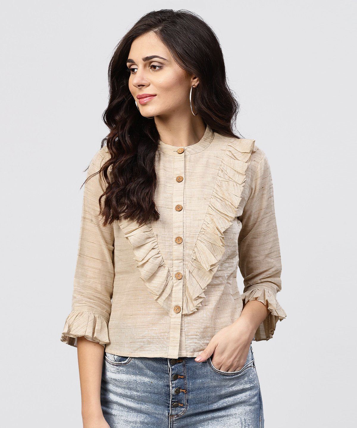 Women's Ruffled Yoke With Open Center Placket Top With Pleated Sleeves And Madarin Collar - Nayo Clothing