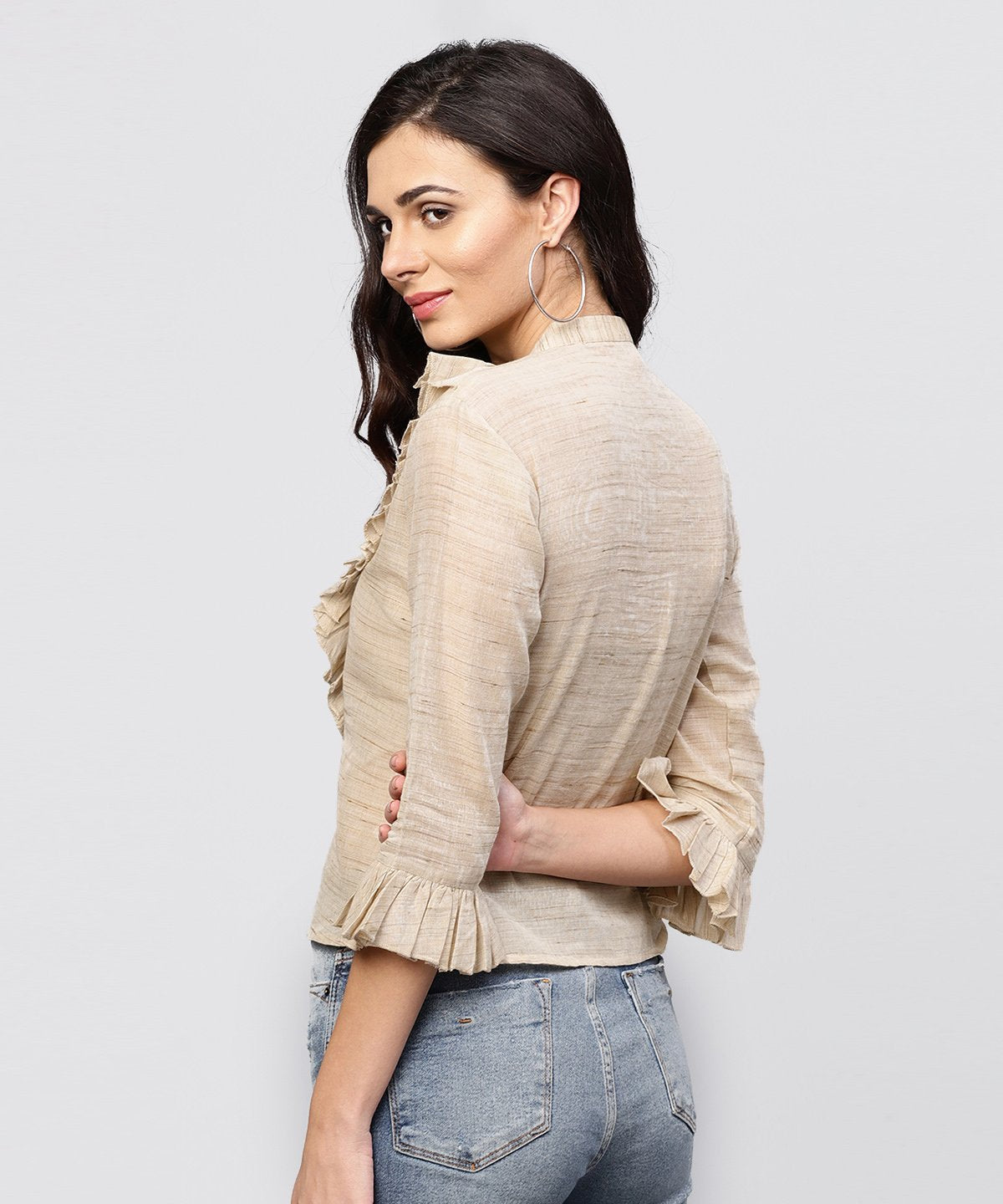 Women's Ruffled Yoke With Open Center Placket Top With Pleated Sleeves And Madarin Collar - Nayo Clothing