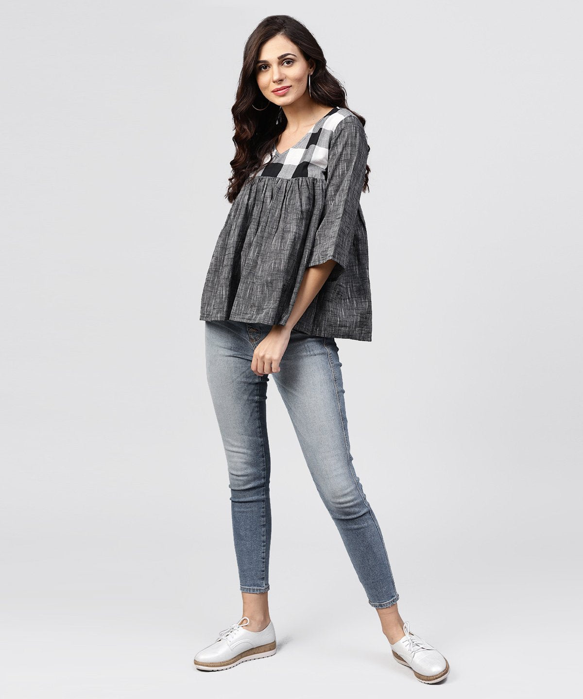 Women's Grey Top With V-Neck And Flared Sleeves - Nayo Clothing