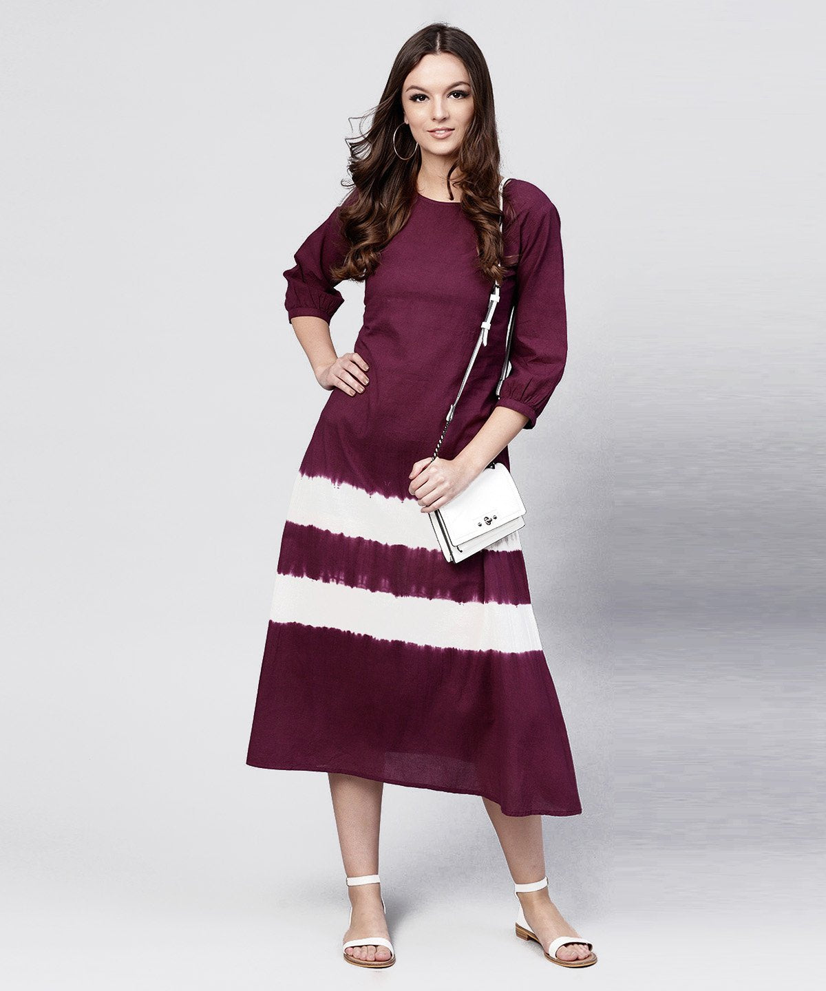 Women's Burgundy Tie And Dye Maxi Dress With Round Neck And 3/4 Sleeves - Nayo Clothing