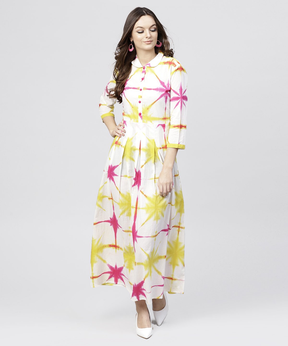 Women's Multi Tie And Dyed Shirt Collar Maxi Dress With Box Pleats And 3/4 Sleeves - Nayo Clothing