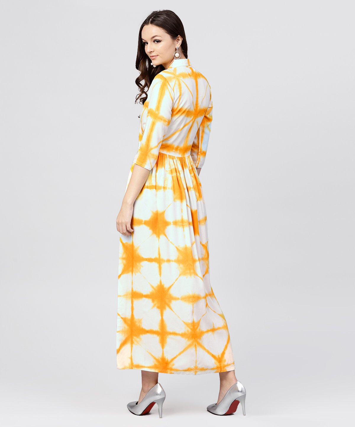 Women's Multi Tie And Dyed Shirt Collar Maxi Dress With Box Pleats And 3/4 Sleeves - Nayo Clothing