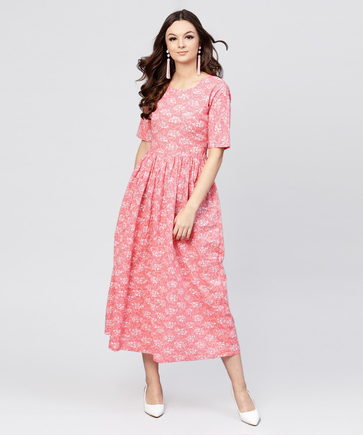 Women's Pink Printed Dress With Round Neck And Half Sleeves - Nayo Clothing