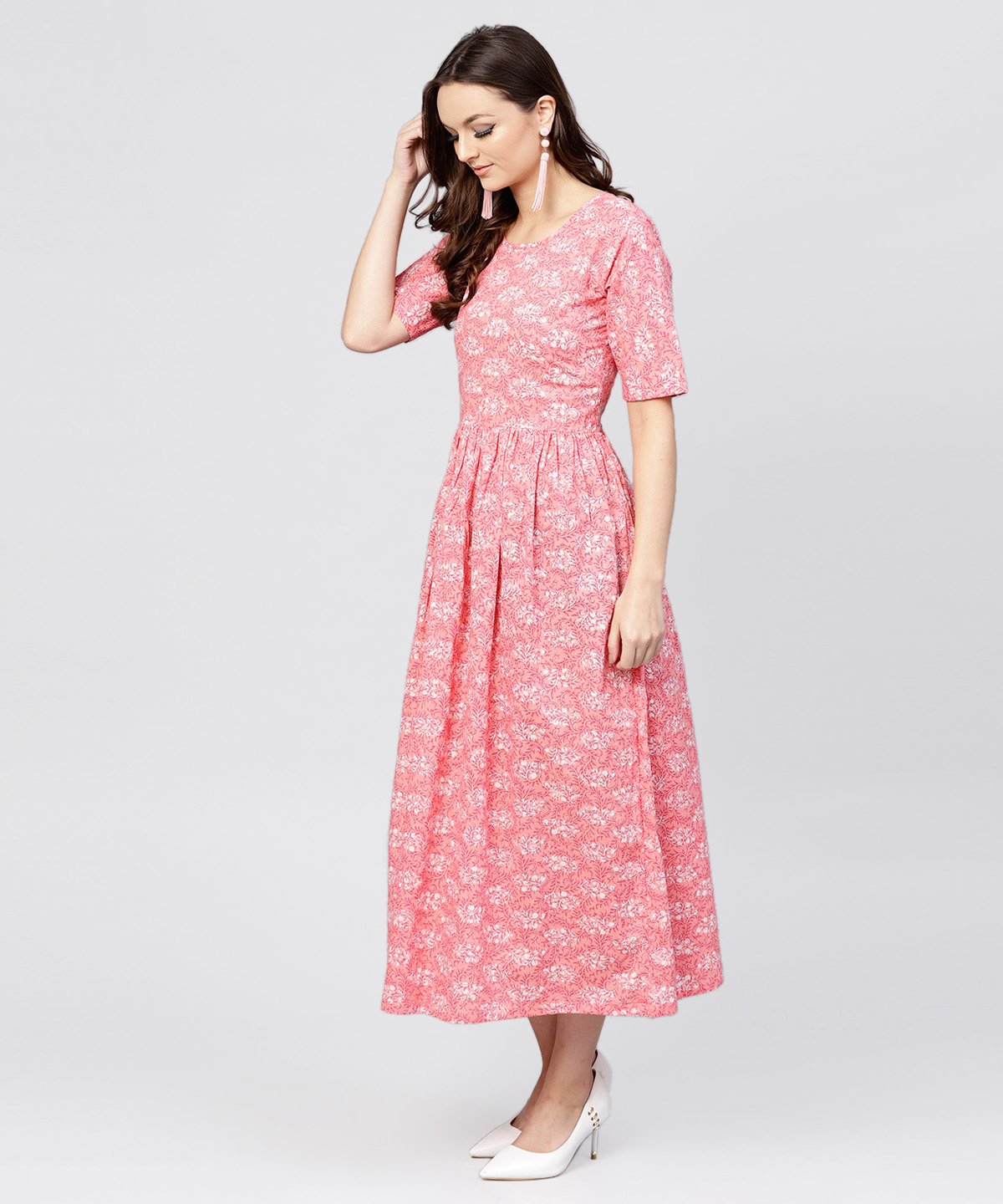Women's Pink Printed Dress With Round Neck And Half Sleeves - Nayo Clothing