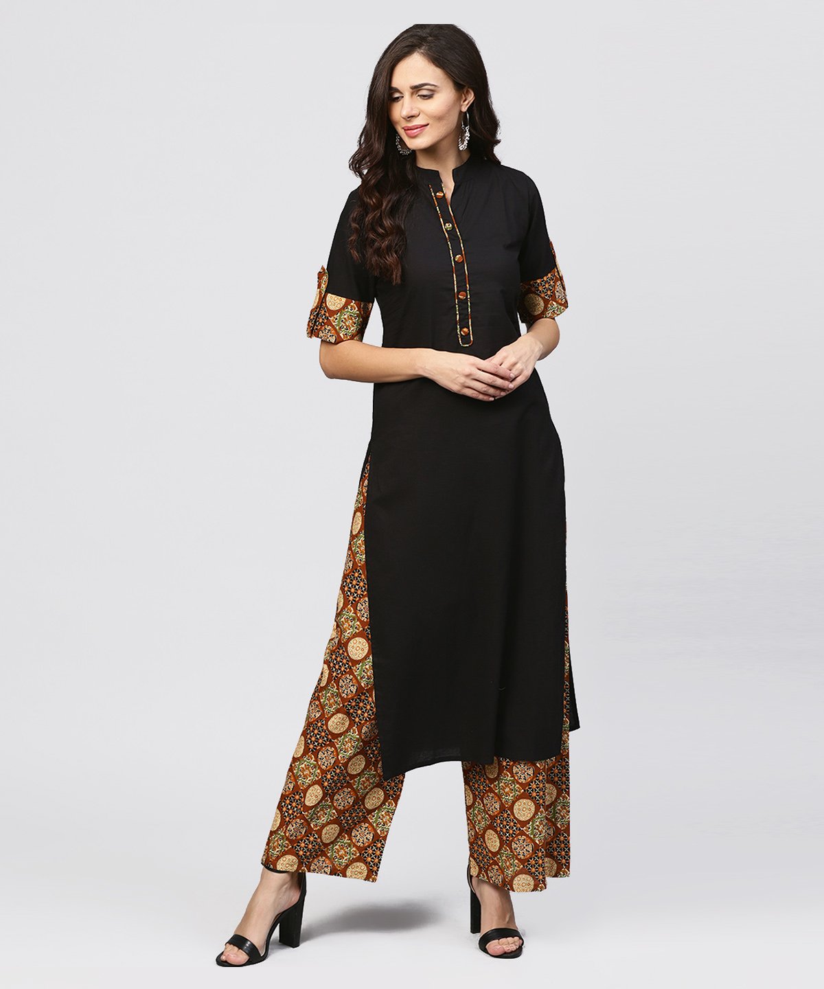 Women's Madarin Collar And Front Placket Cotton Kurta With Ankle Length Printed Palazzo - Nayo Clothing