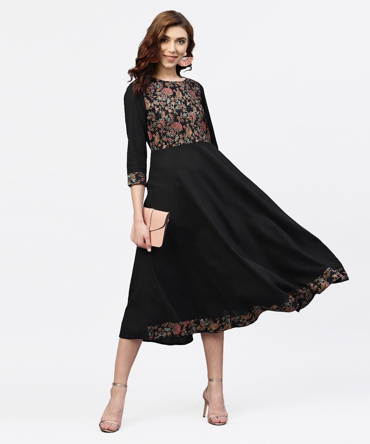 Women's Black Printed Maxi Dress With Round Neck And Full Sleeves - Nayo Clothing