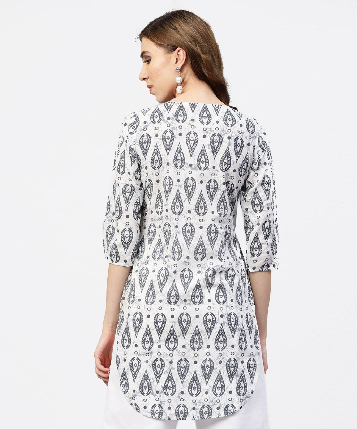 Women's Off White Printed Long Top With Front Placket And 3/4 Sleeves - Nayo Clothing