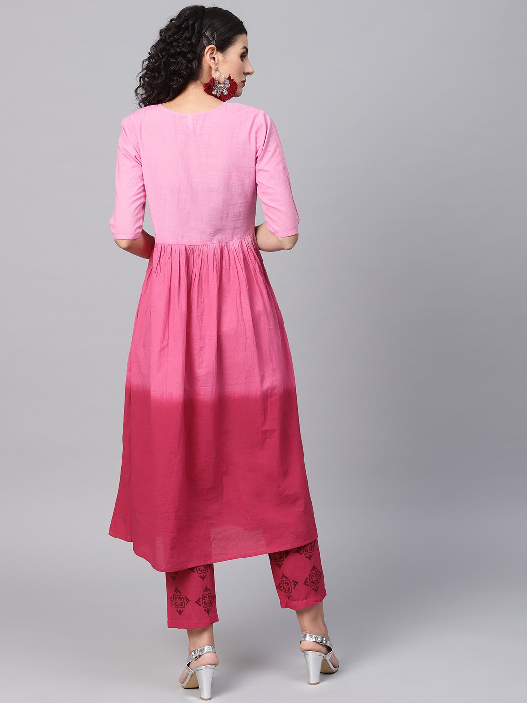 Women's Pink Ombre Dyed Half Sleeve A-Line Kurta With Pink Ankle Length Palazzo - Nayo Clothing