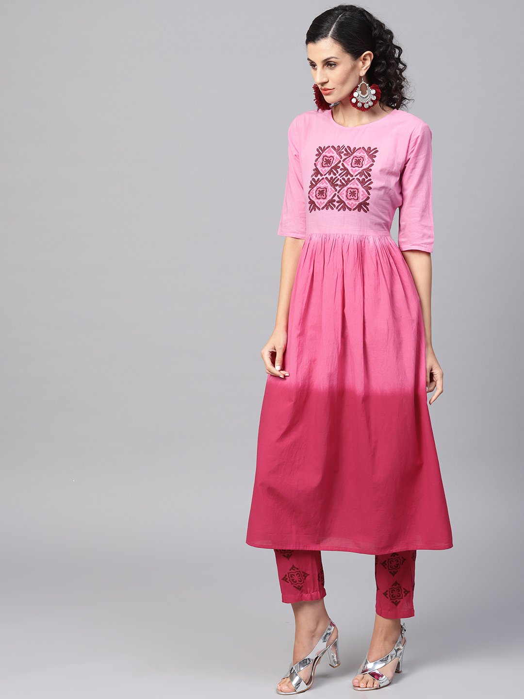 Women's Pink Ombre Dyed Half Sleeve A-Line Kurta With Pink Ankle Length Palazzo - Nayo Clothing