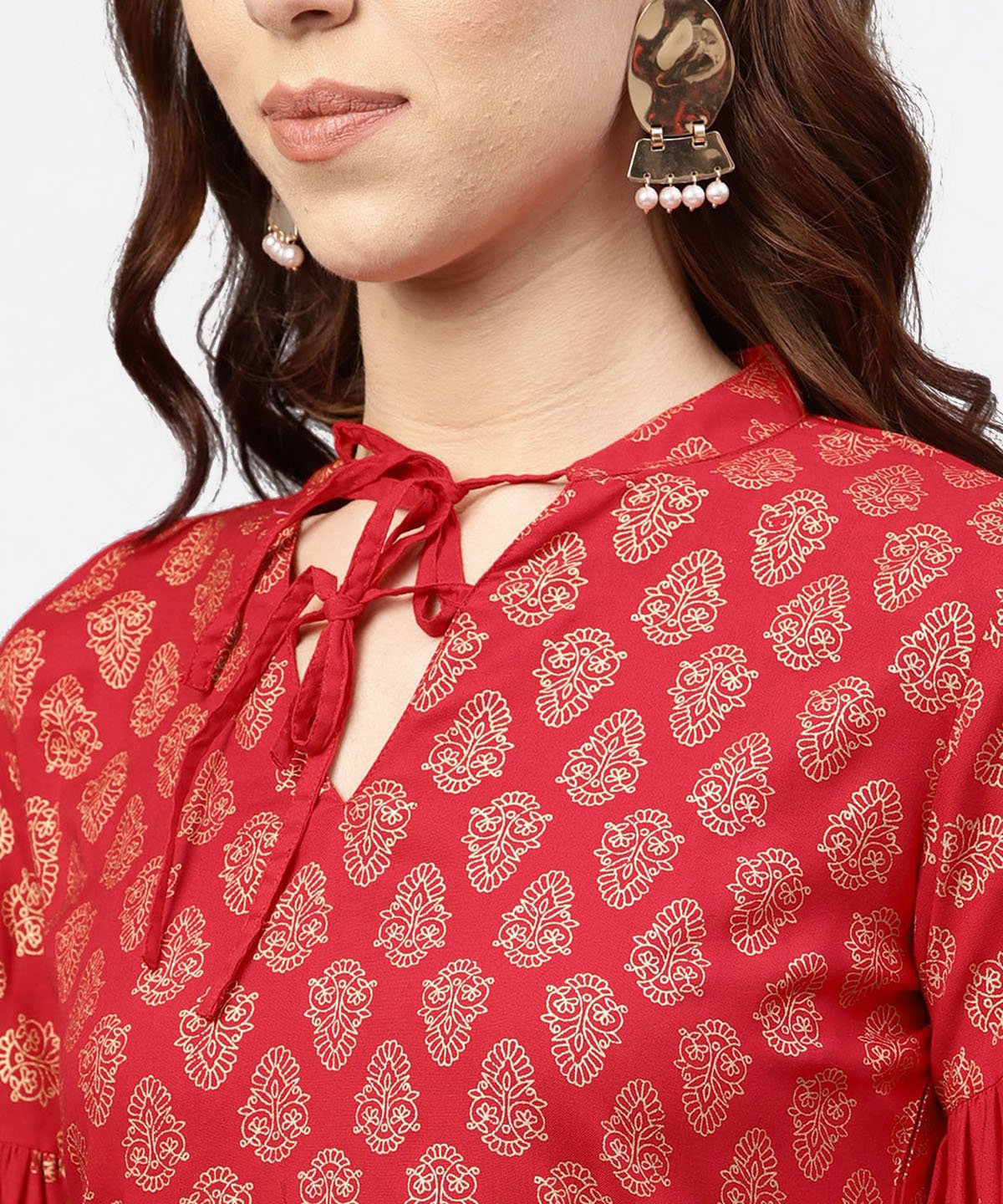 Women's Red Printed Short Kurta With Key Hole Neck And 3/4 Sleeves - Nayo Clothing