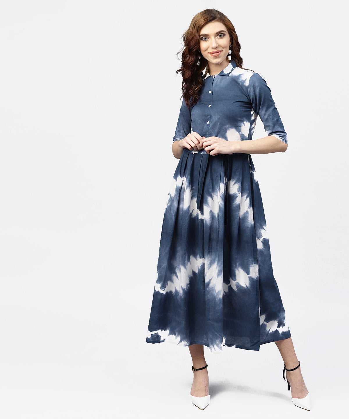 Women's Navy Blue 3/4Th Sleeve Tie Dye Printed Cotton A-Line Maxi Dress With Belt - Nayo Clothing