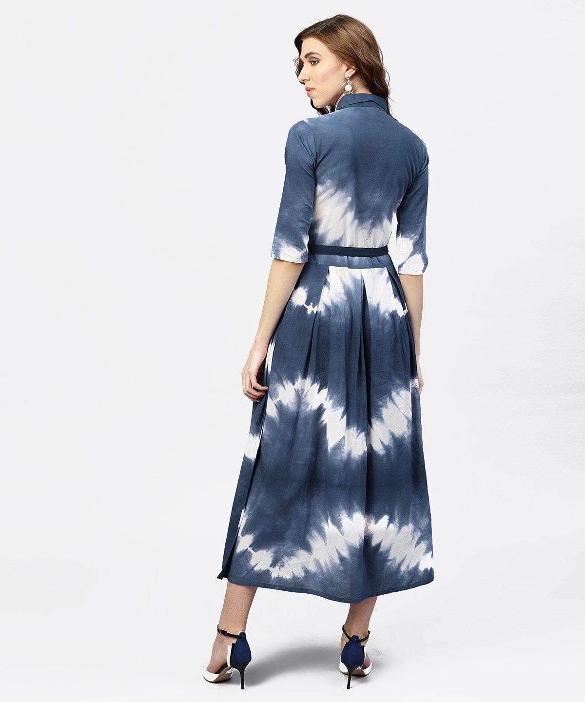 Women's Navy Blue 3/4Th Sleeve Tie Dye Printed Cotton A-Line Maxi Dress With Belt - Nayo Clothing