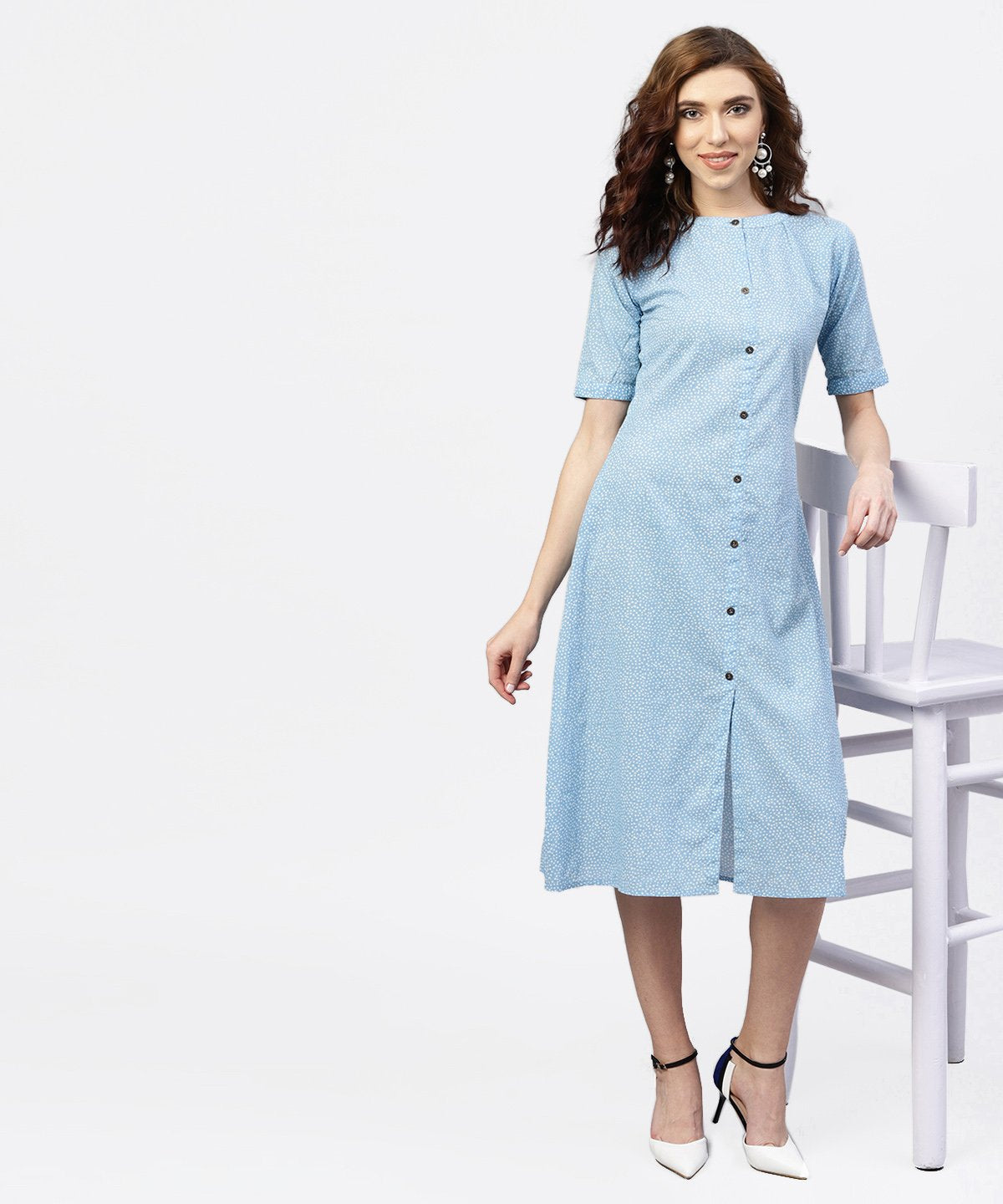 Women's Blue Printed 3/4Th Sleeve Cotton A-Line Dress - Nayo Clothing