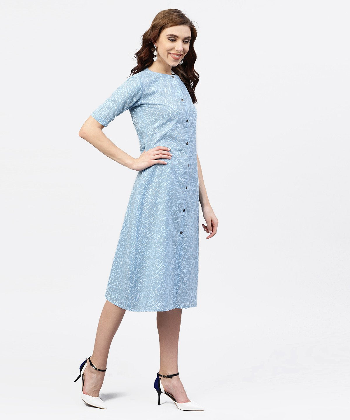 Women's Blue Printed 3/4Th Sleeve Cotton A-Line Dress - Nayo Clothing