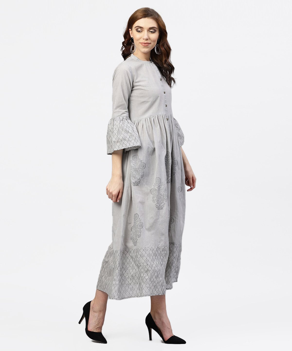 Women's Off White Block Printed 3/4Th Sleeve Maxi Dress In Handloom Fabric - Nayo Clothing