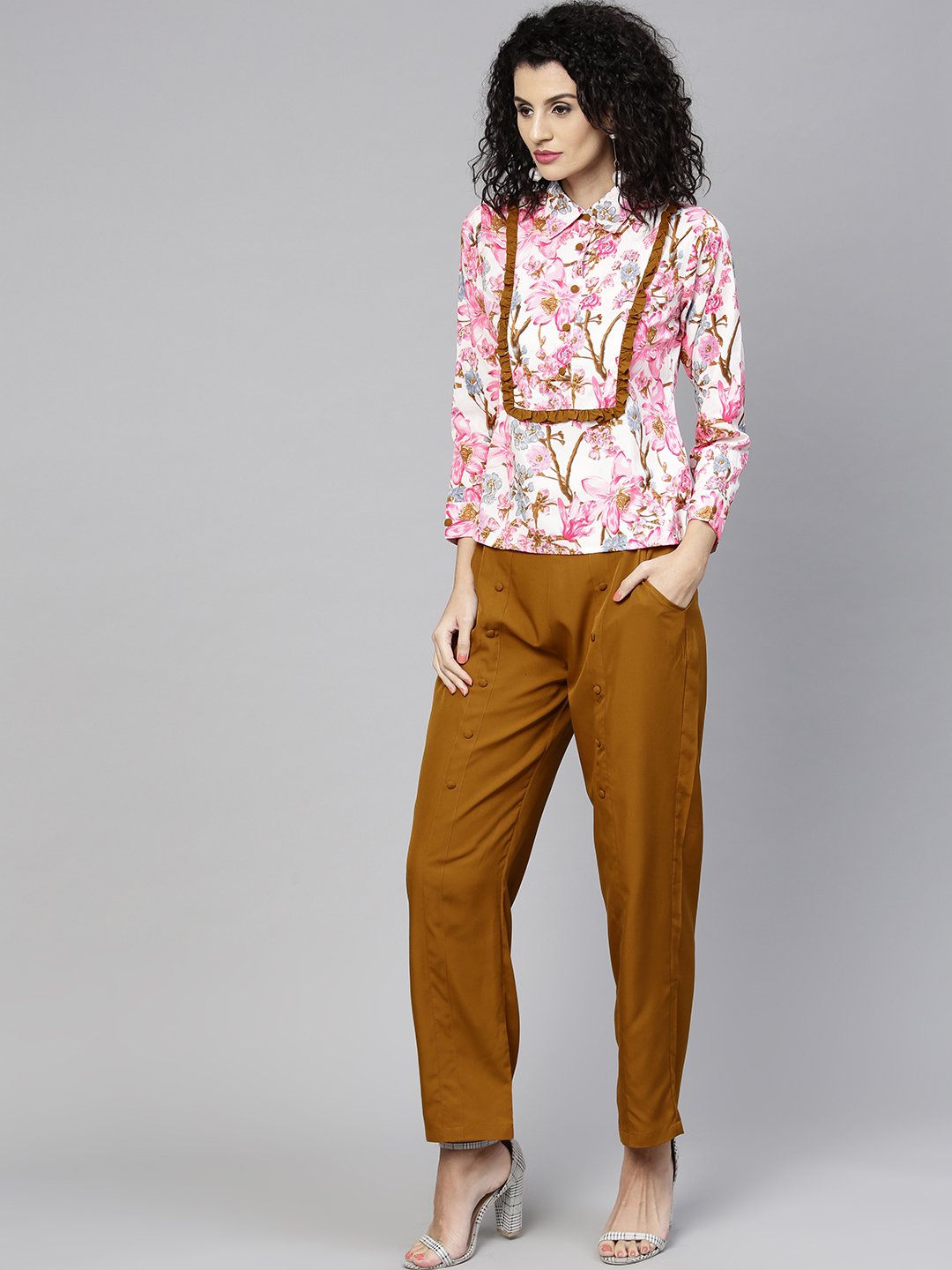 Women's Pink & Mustard Yellow Printed Top With Trousers - Nayo Clothing