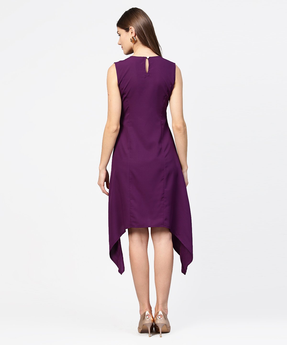 Women's Purple Sleeveless A-Line Dress With Piping Work - Nayo Clothing