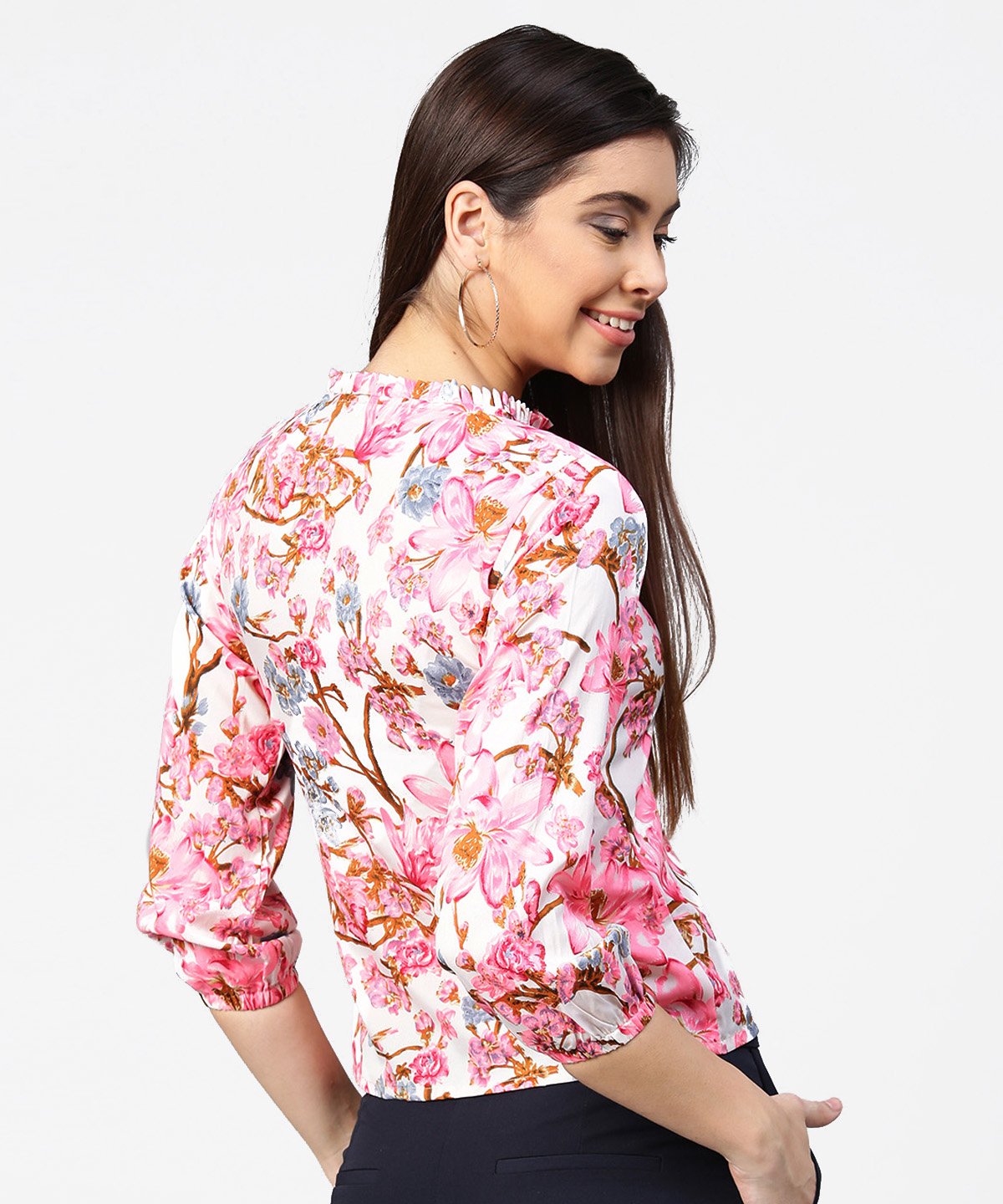 Women's Pink Flower Print Full Sleeve Crop Tops - Nayo Clothing