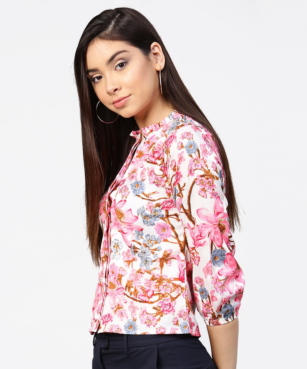 Women's Pink Flower Print Full Sleeve Crop Tops - Nayo Clothing