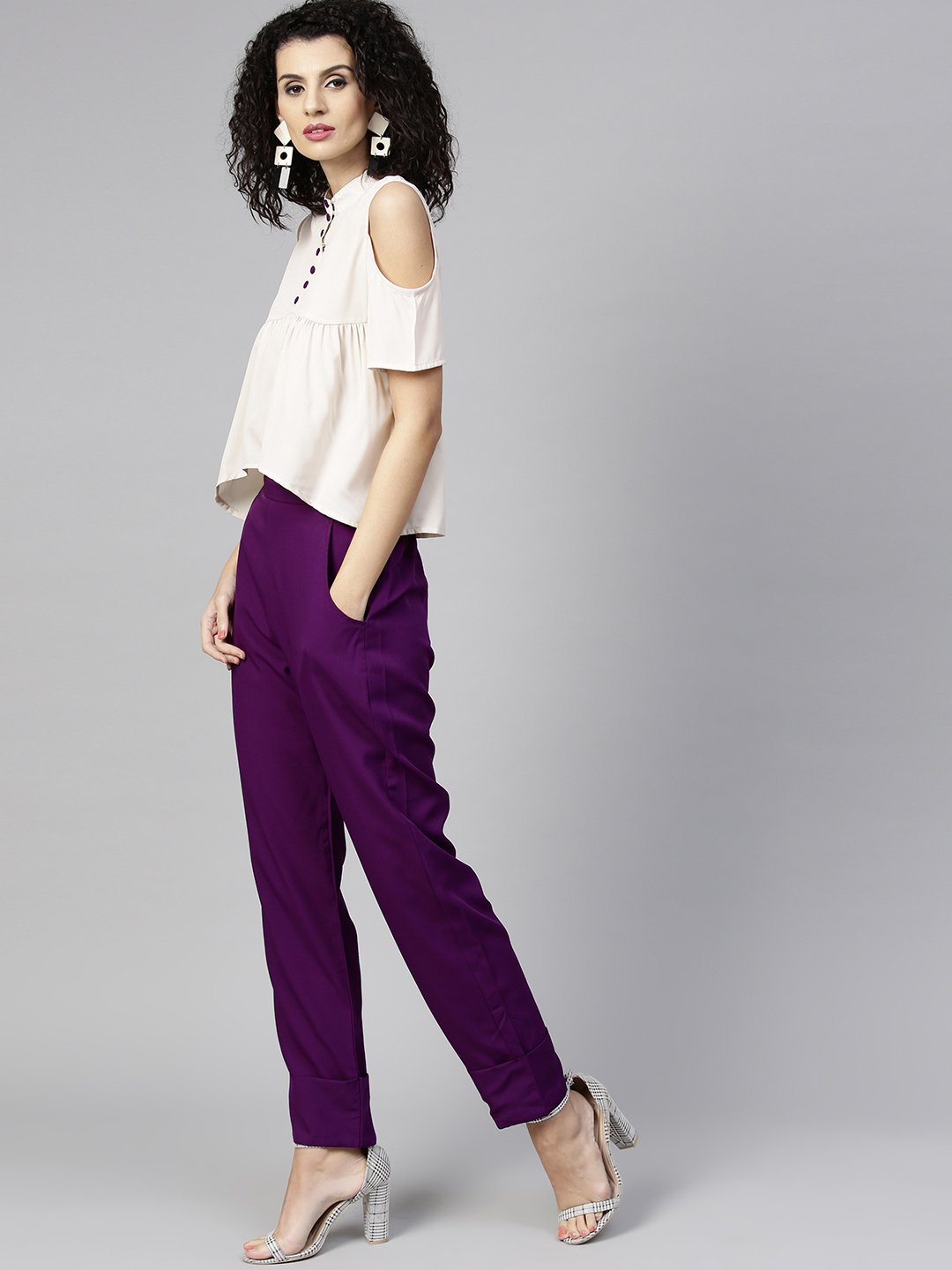 Women's Off-White & Purple Solid Top With Trousers - Nayo Clothing