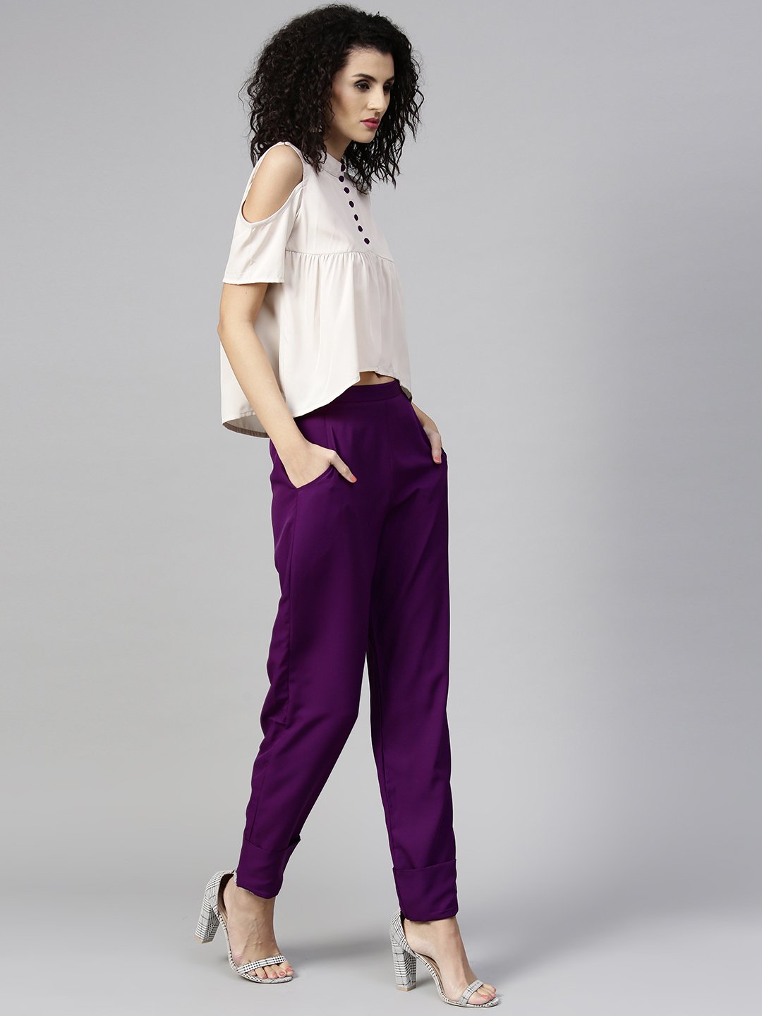 Women's Off-White & Purple Solid Top With Trousers - Nayo Clothing