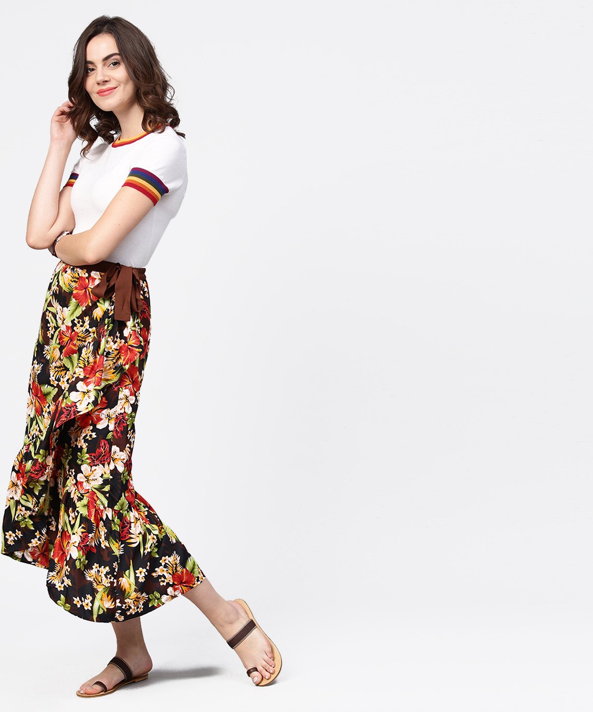 Women's Multi Flower Printed Calf Length Skirt - Nayo Clothing
