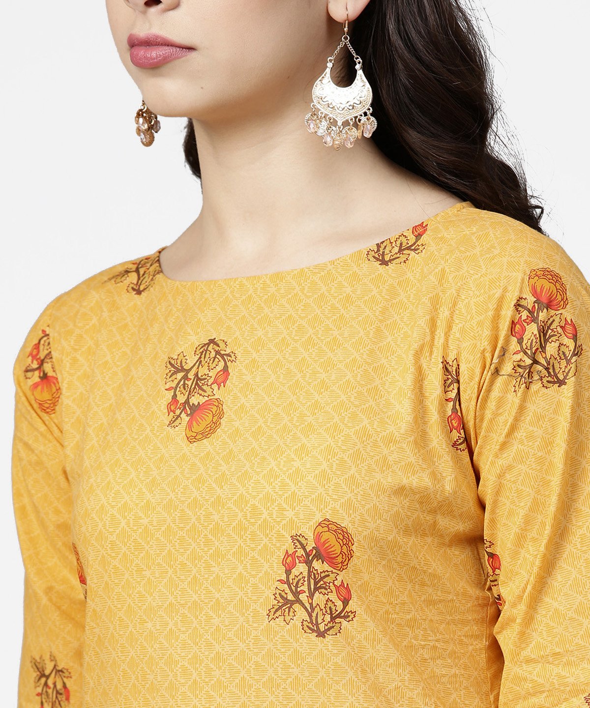 Women's Yellow 3/4Th Sleeve Cotton Kurta With Ankle Length Printed Pallazo - Nayo Clothing