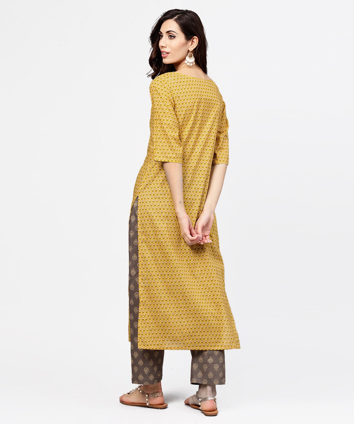 Women's Yellow 3/4Th Sleeve Cotton Kurta With Grey Printed Pallazo - Nayo Clothing