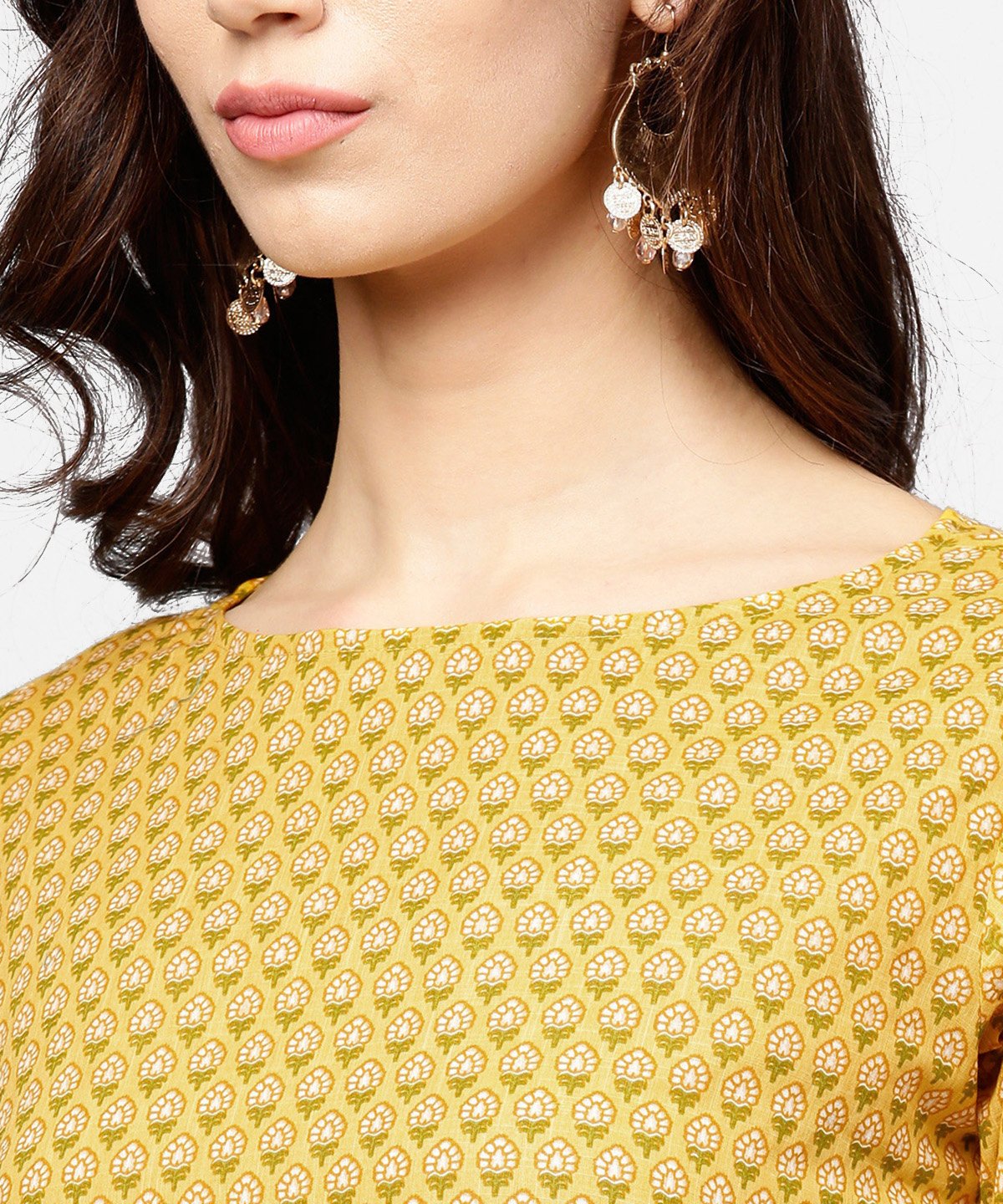 Women's Yellow 3/4Th Sleeve Cotton Kurta With Grey Printed Pallazo - Nayo Clothing