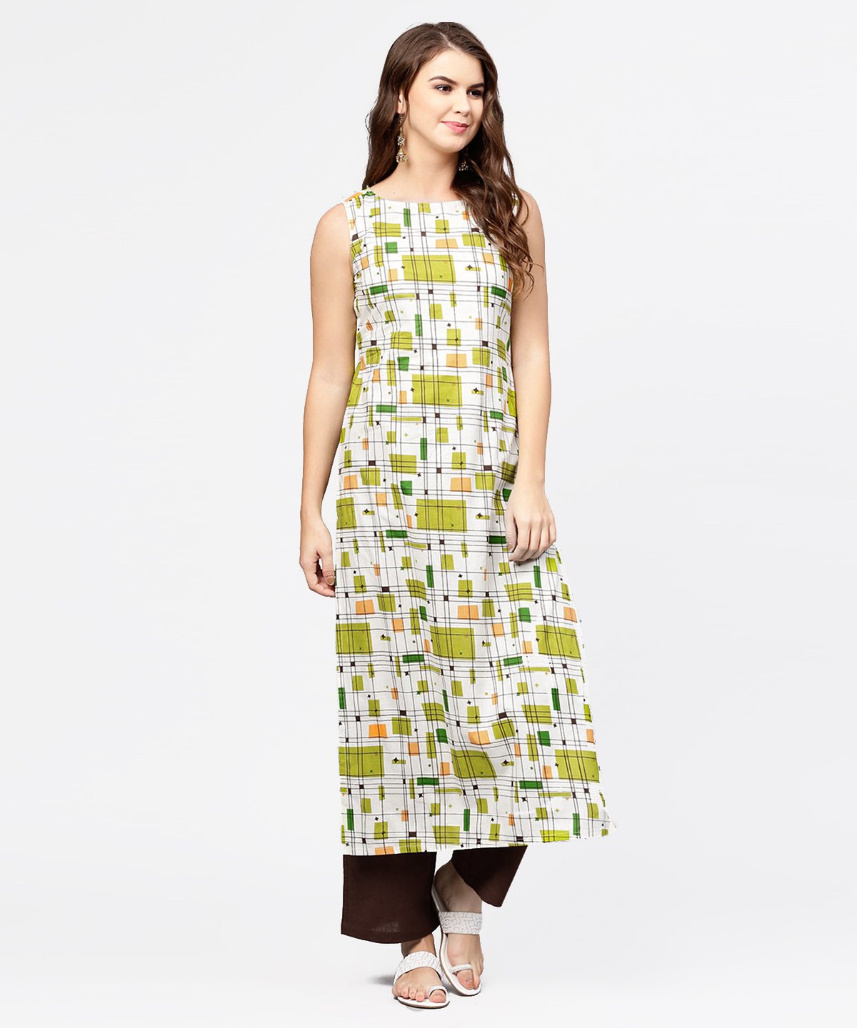 Women's Off White & Green Printed Sleeveless Cotton Kurta With Coffee Ankle Length Pallazo - Nayo Clothing