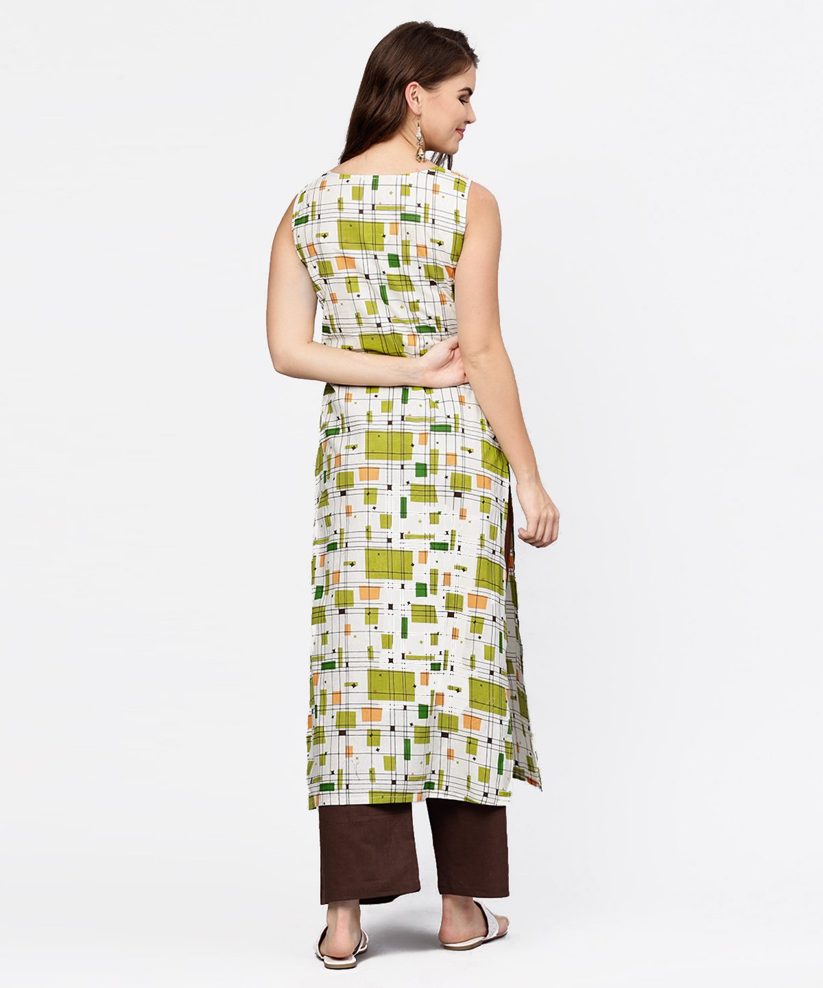 Women's Off White & Green Printed Sleeveless Cotton Kurta With Coffee Ankle Length Pallazo - Nayo Clothing
