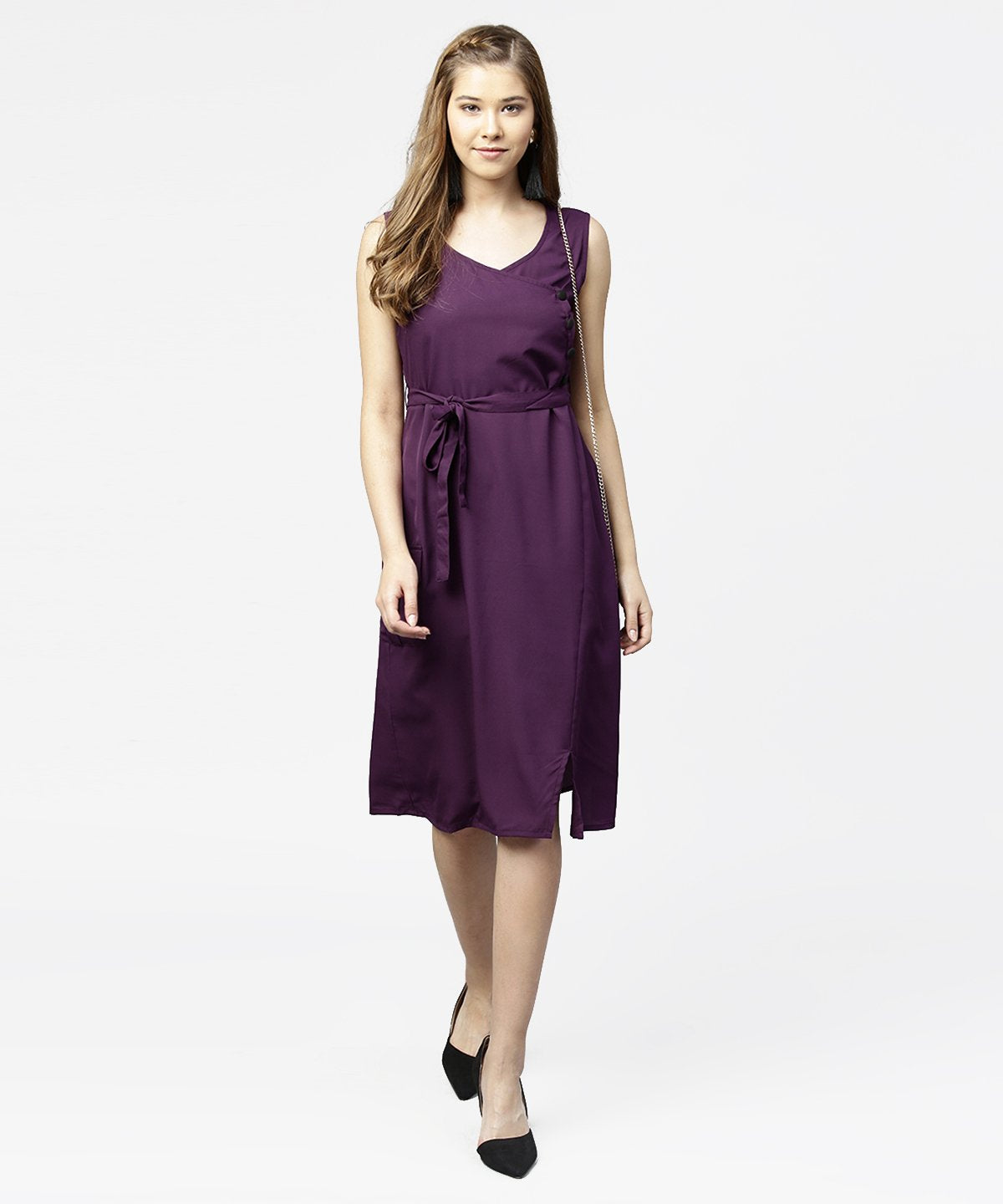 Women's Purple Sleeveless A-Line Dress With Belt - Nayo Clothing