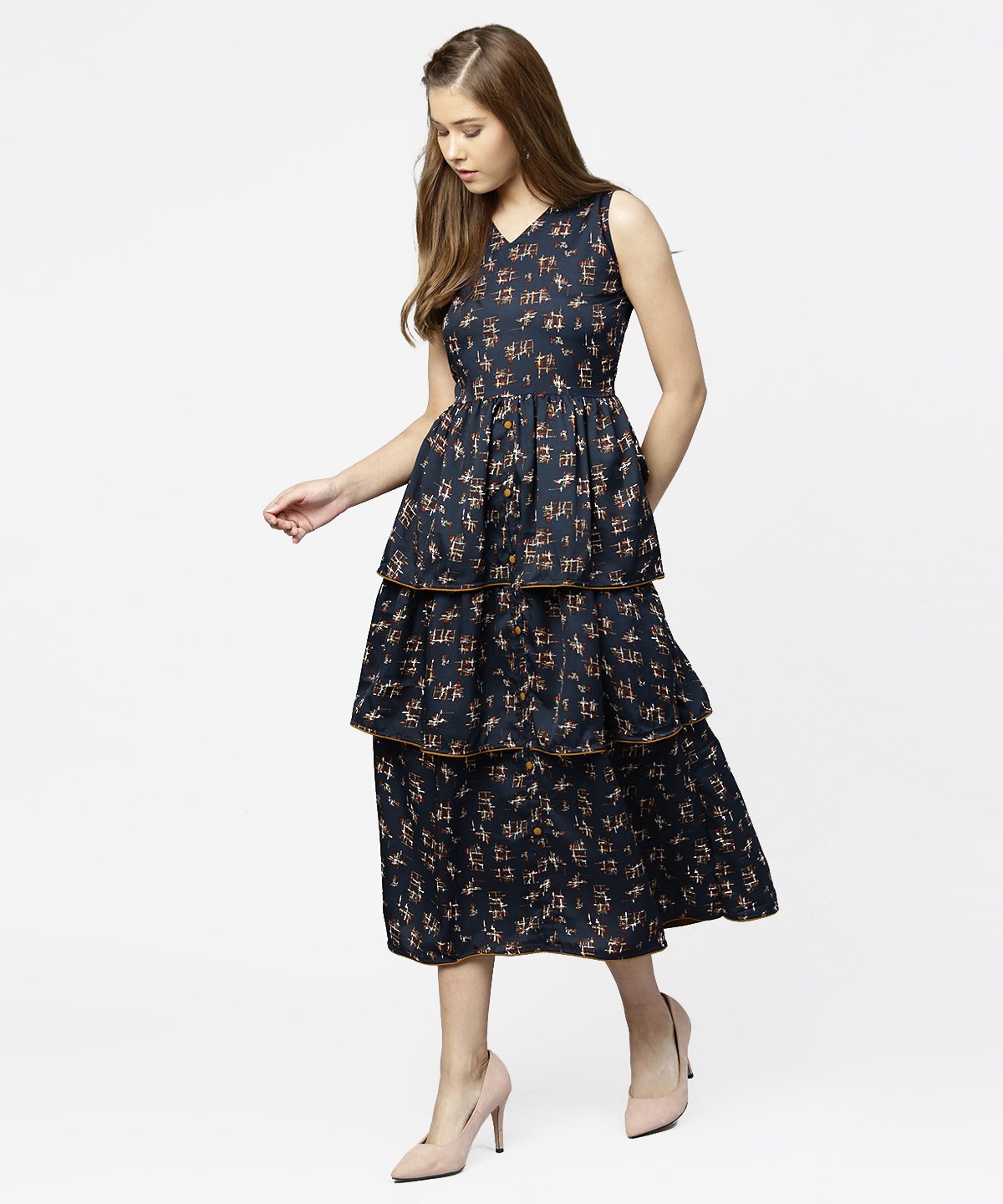 Women's Blue Sleeveless Crepe Printed Multi Layred Maxi Dress - Nayo Clothing
