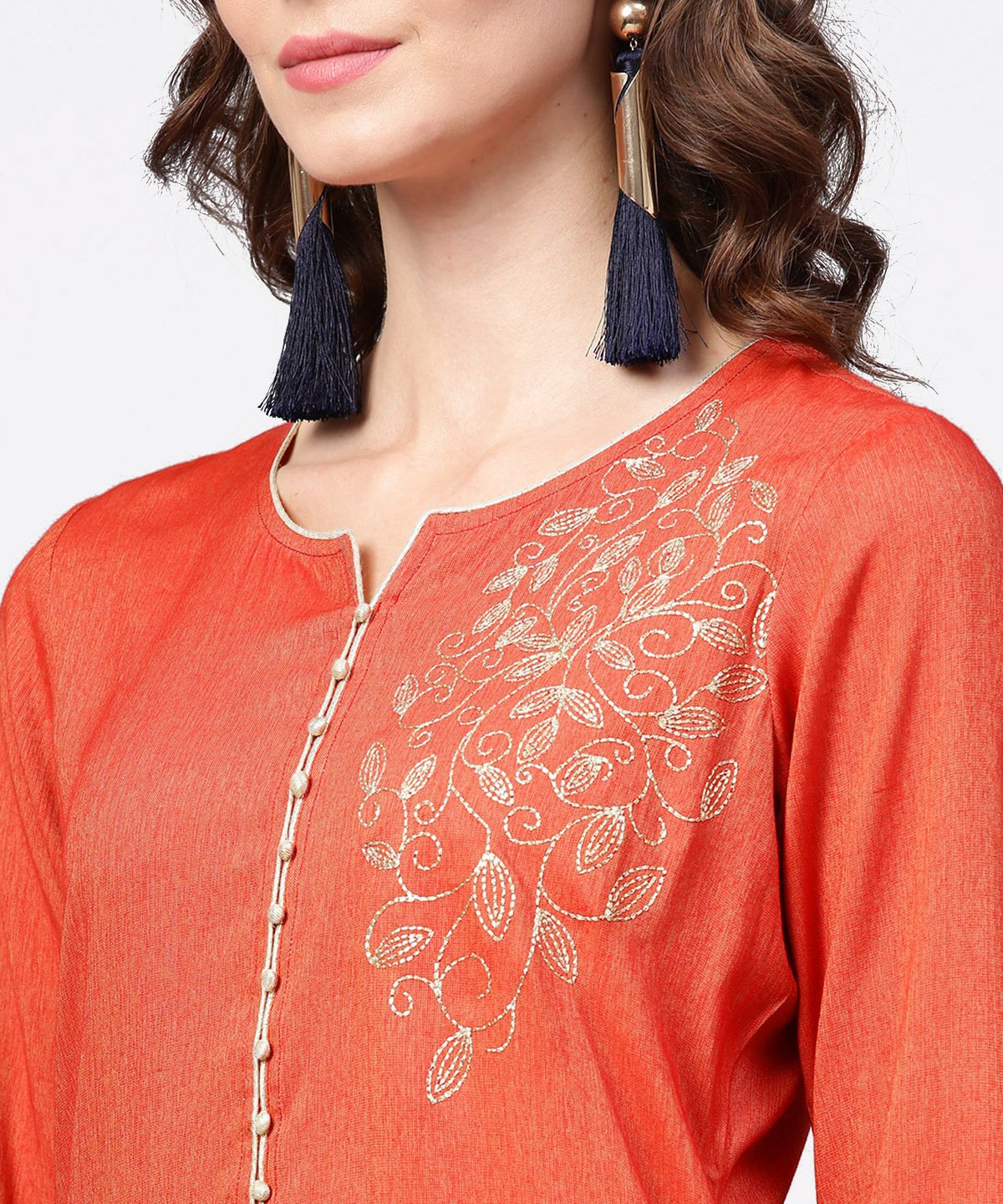 Women's Peach Embroidery 3/4Th Sleeve Rayon Kurta - Nayo Clothing