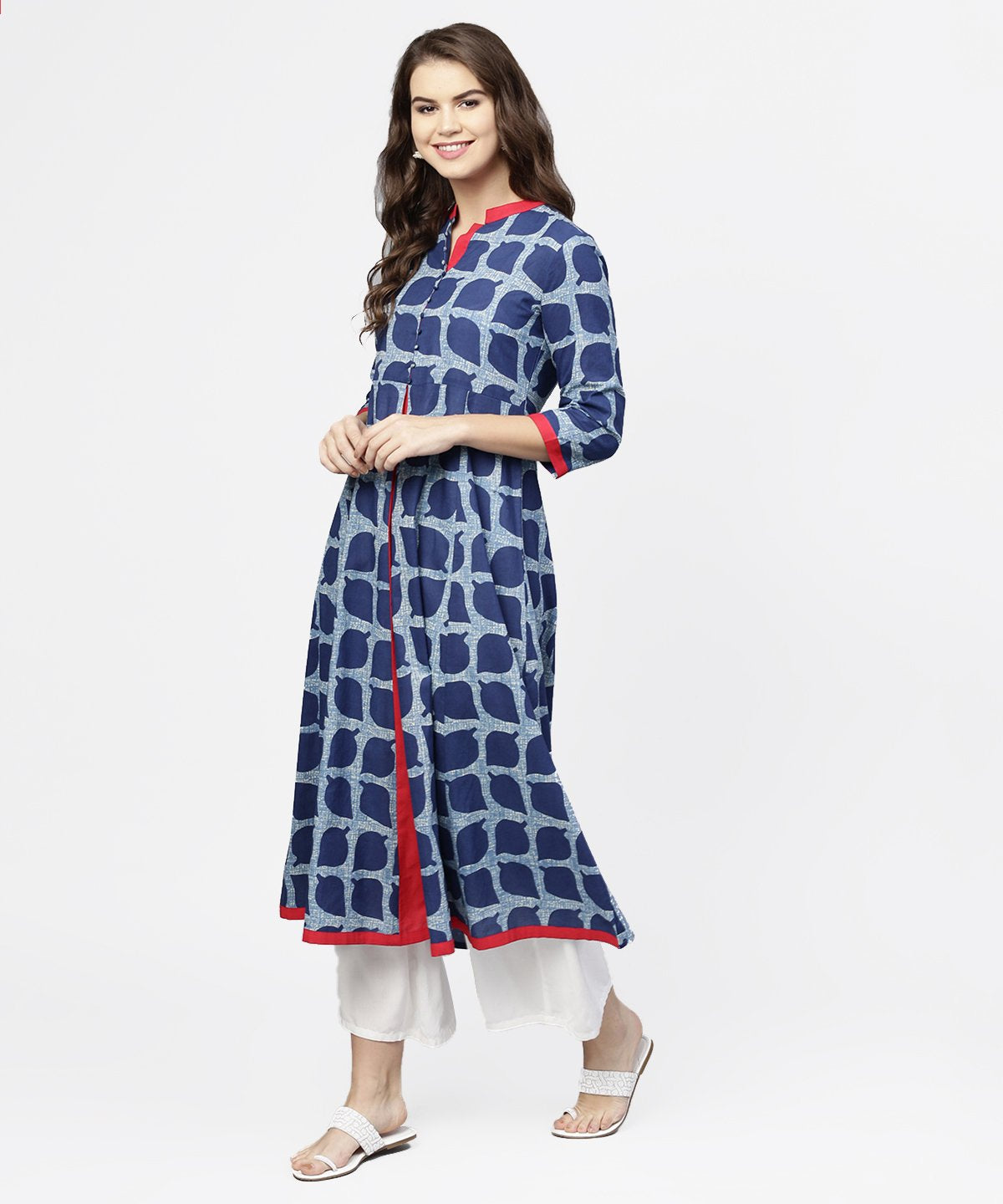 Women's Blue Printed 3/4Th Sleeve Cotton Anarkali Kurta - Nayo Clothing
