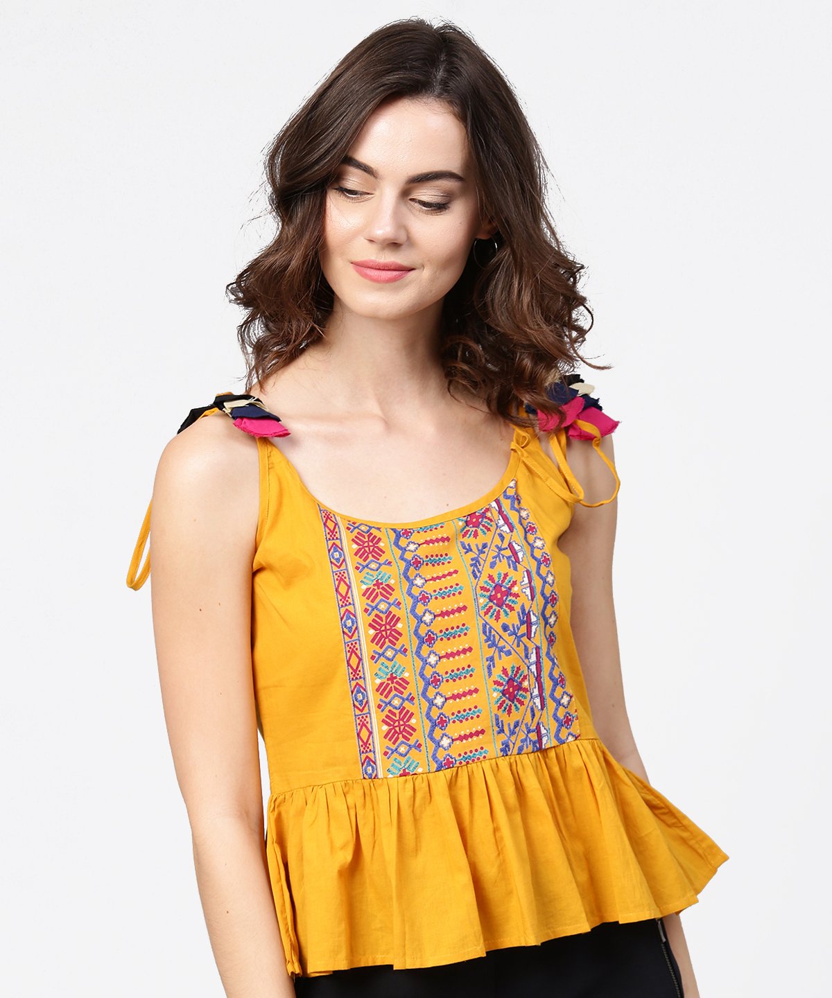 Women's Yellow Yoke Design Cotton Tops With Dori Work At Shoulder - Nayo Clothing