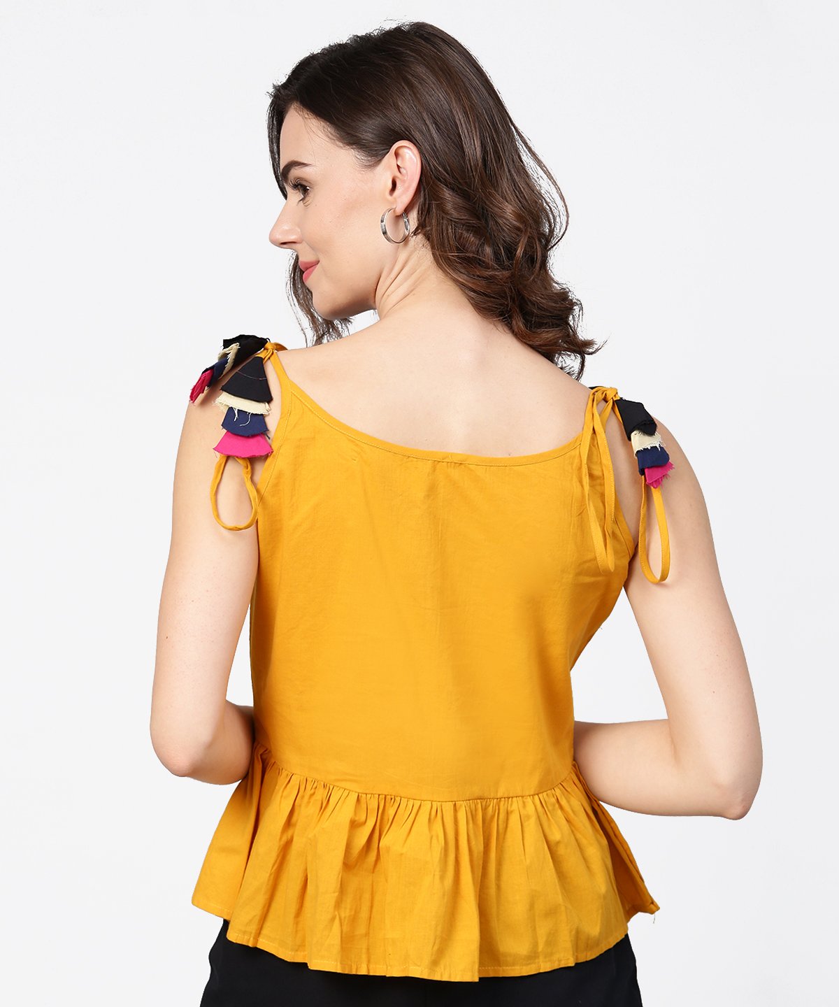 Women's Yellow Yoke Design Cotton Tops With Dori Work At Shoulder - Nayo Clothing