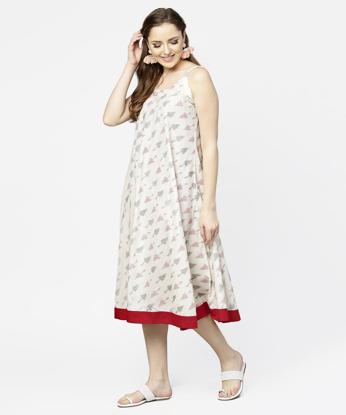 Women's Off White Printed Sleeveless Cotton A-Line Dress - Nayo Clothing