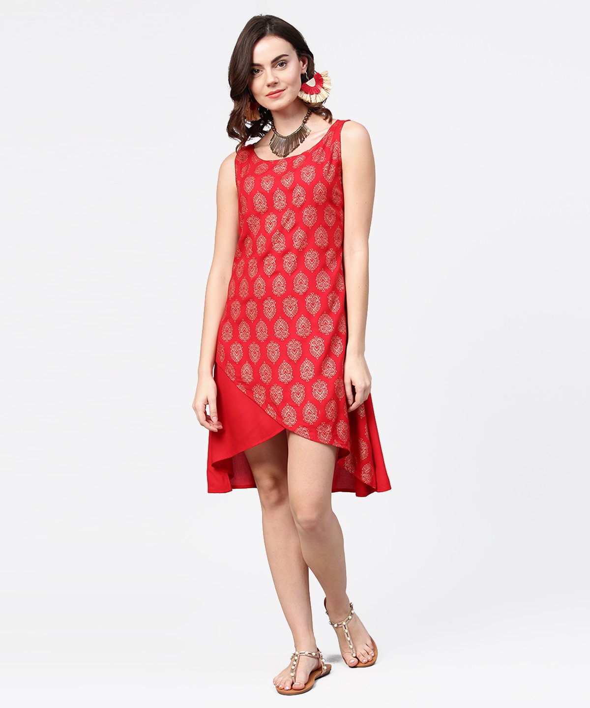 Women's Red Printed Sleeveless Cotton Low High Tunic - Nayo Clothing
