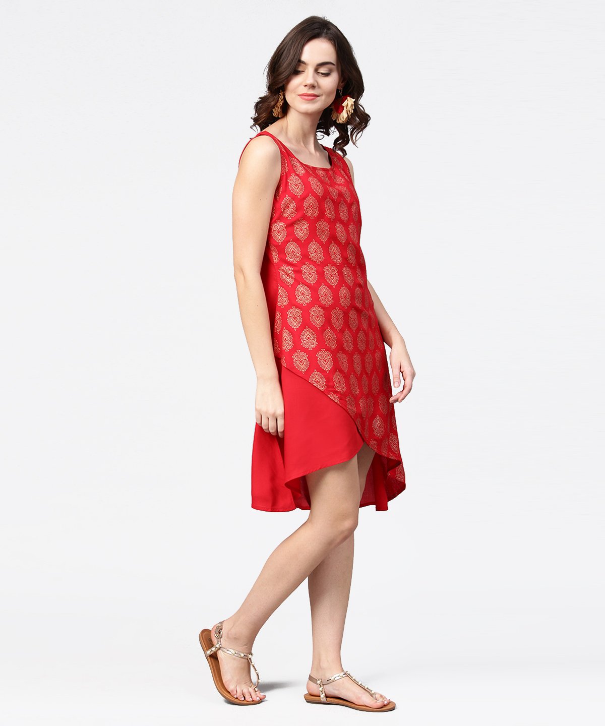 Women's Red Printed Sleeveless Cotton Low High Tunic - Nayo Clothing