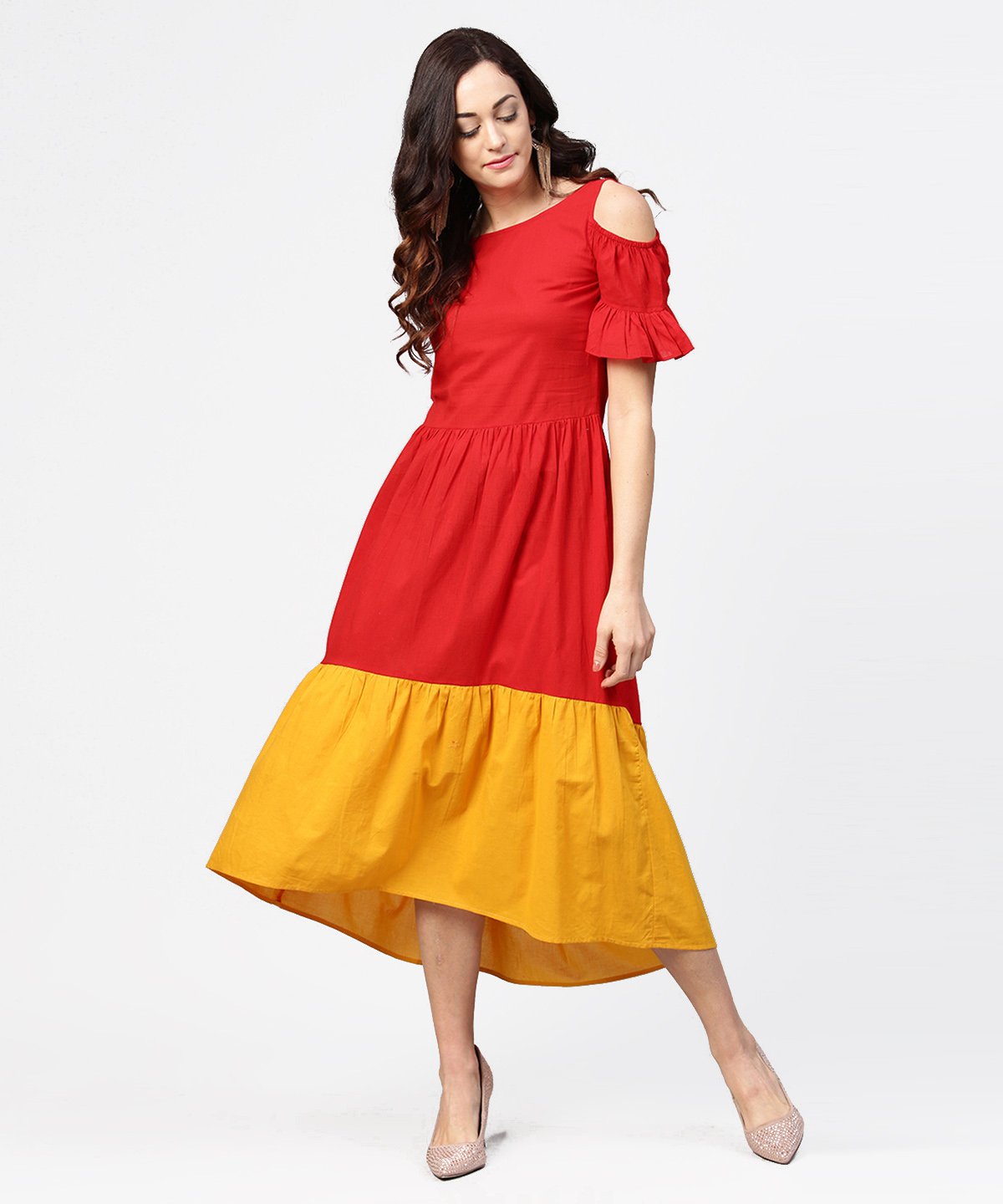 Women's Red & Yellow Short Cold Shoulder Cotton Maxi Dress - Nayo Clothing