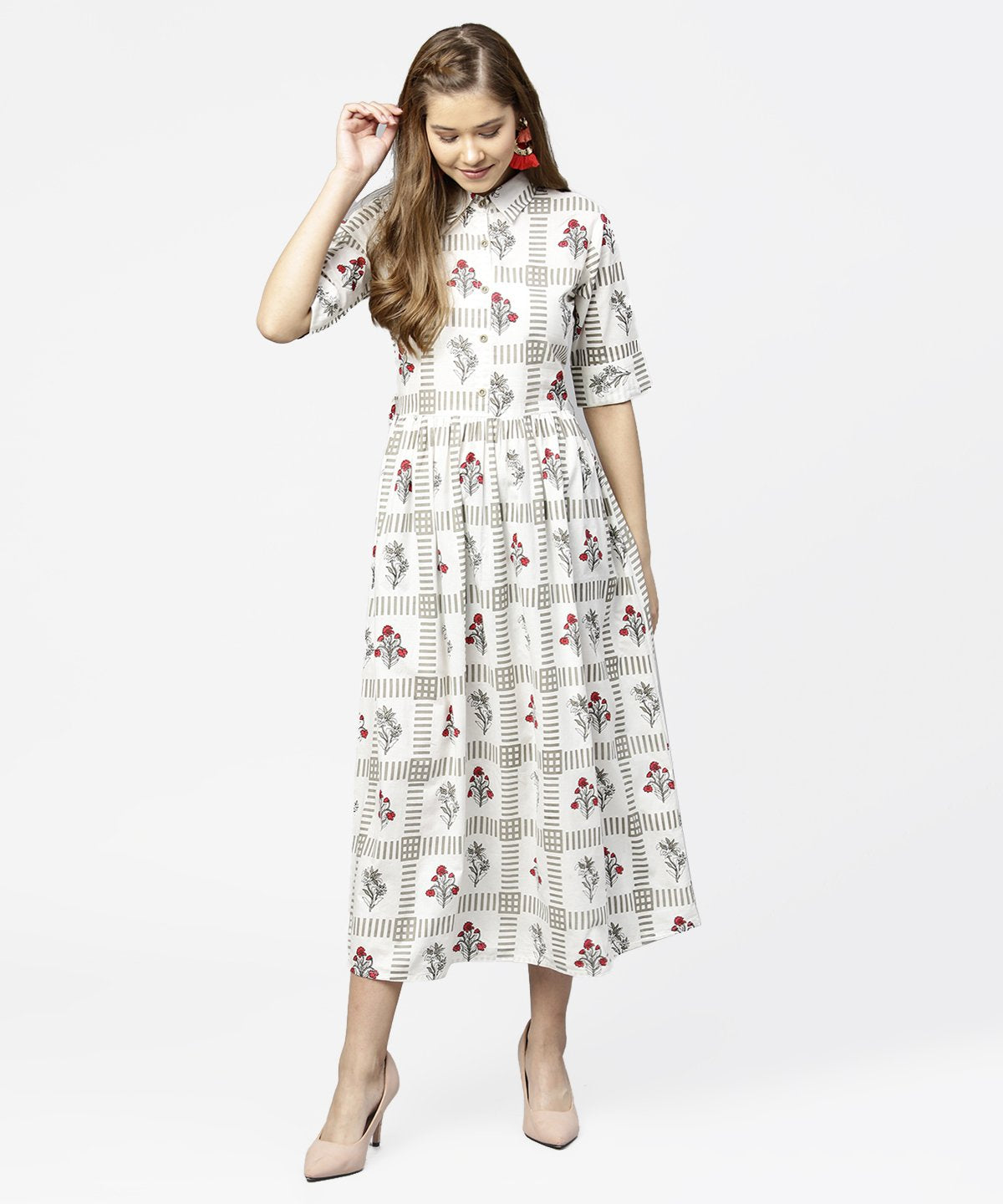 Women's Off White Printed Half Sleeve Cotton Maxi Dress With Belt - Nayo Clothing