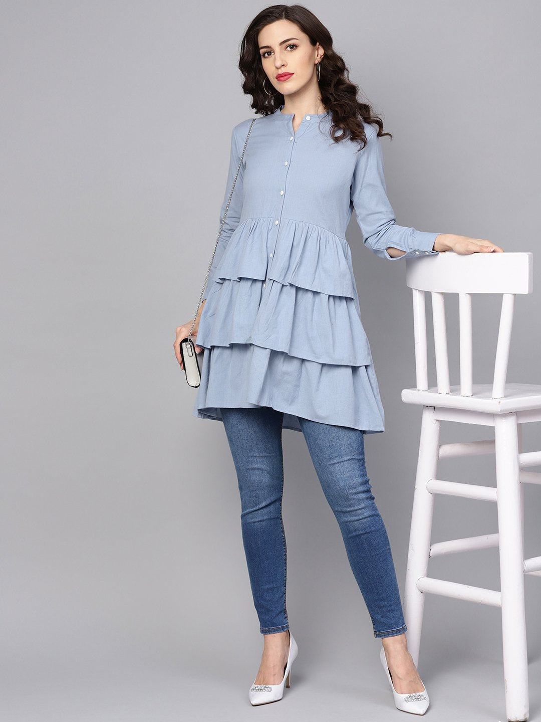Women's Solid Ice Blue Tired Tunic With Madarin Collar & 3/4 Sleeves - Nayo Clothing