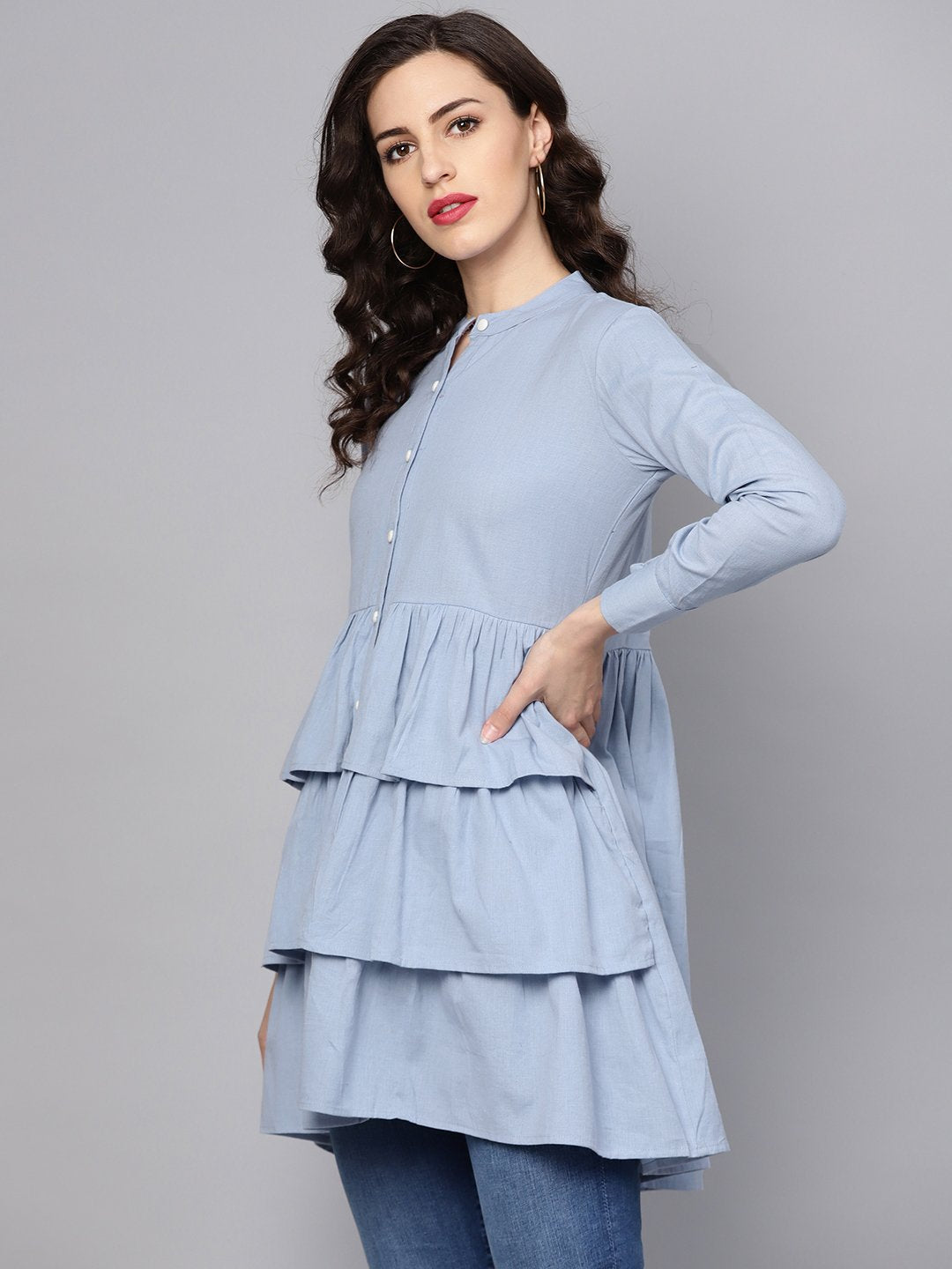 Women's Solid Ice Blue Tired Tunic With Madarin Collar & 3/4 Sleeves - Nayo Clothing