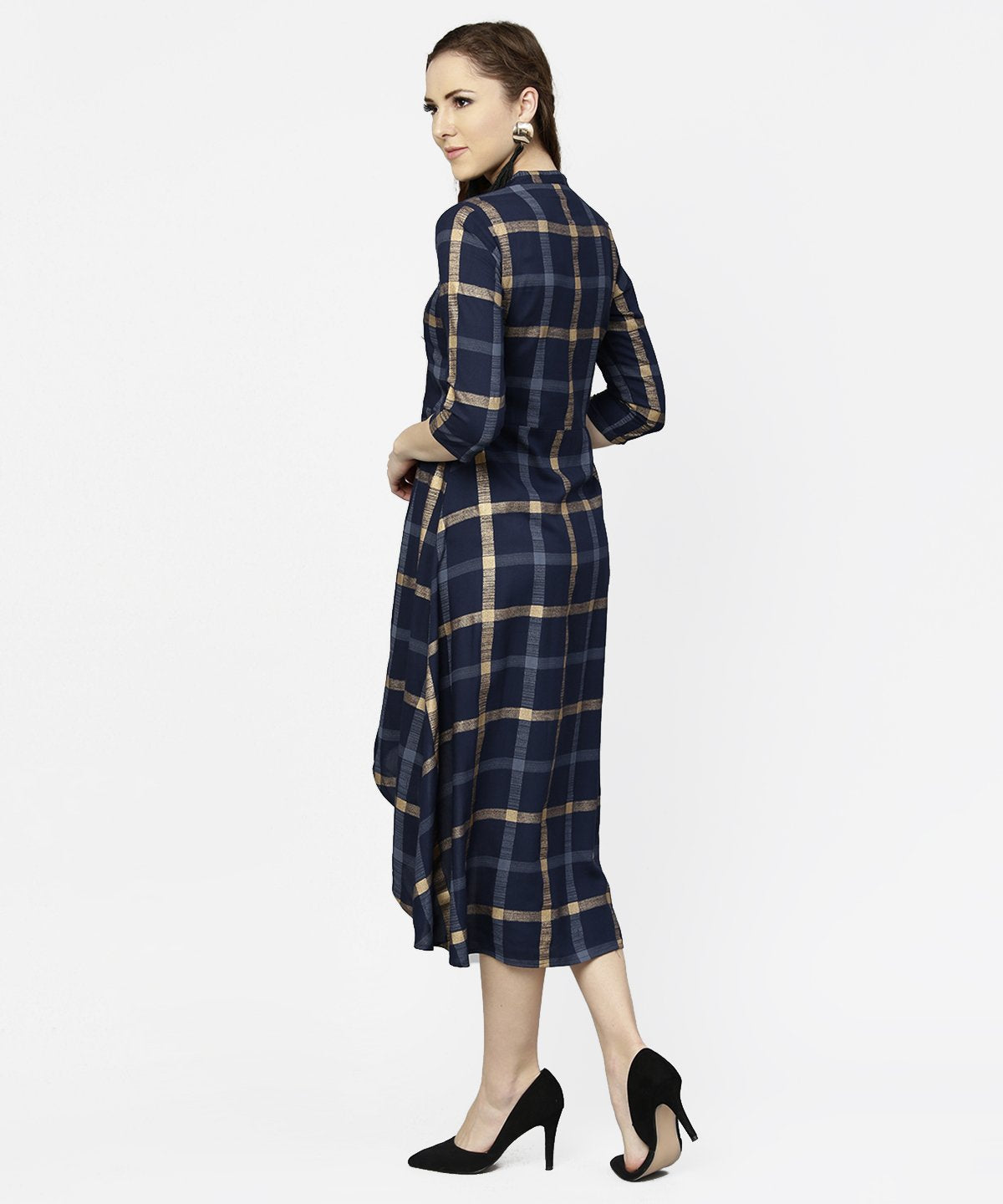 Women's Blue Checked 3/4Th Sleeve Cotton Front Slit Dress - Nayo Clothing
