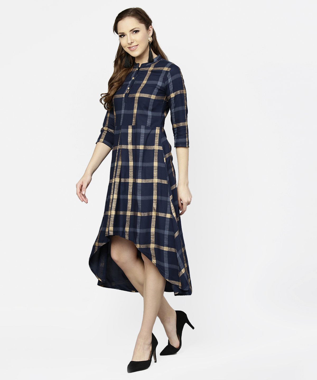 Women's Blue Checked 3/4Th Sleeve Cotton Front Slit Dress - Nayo Clothing