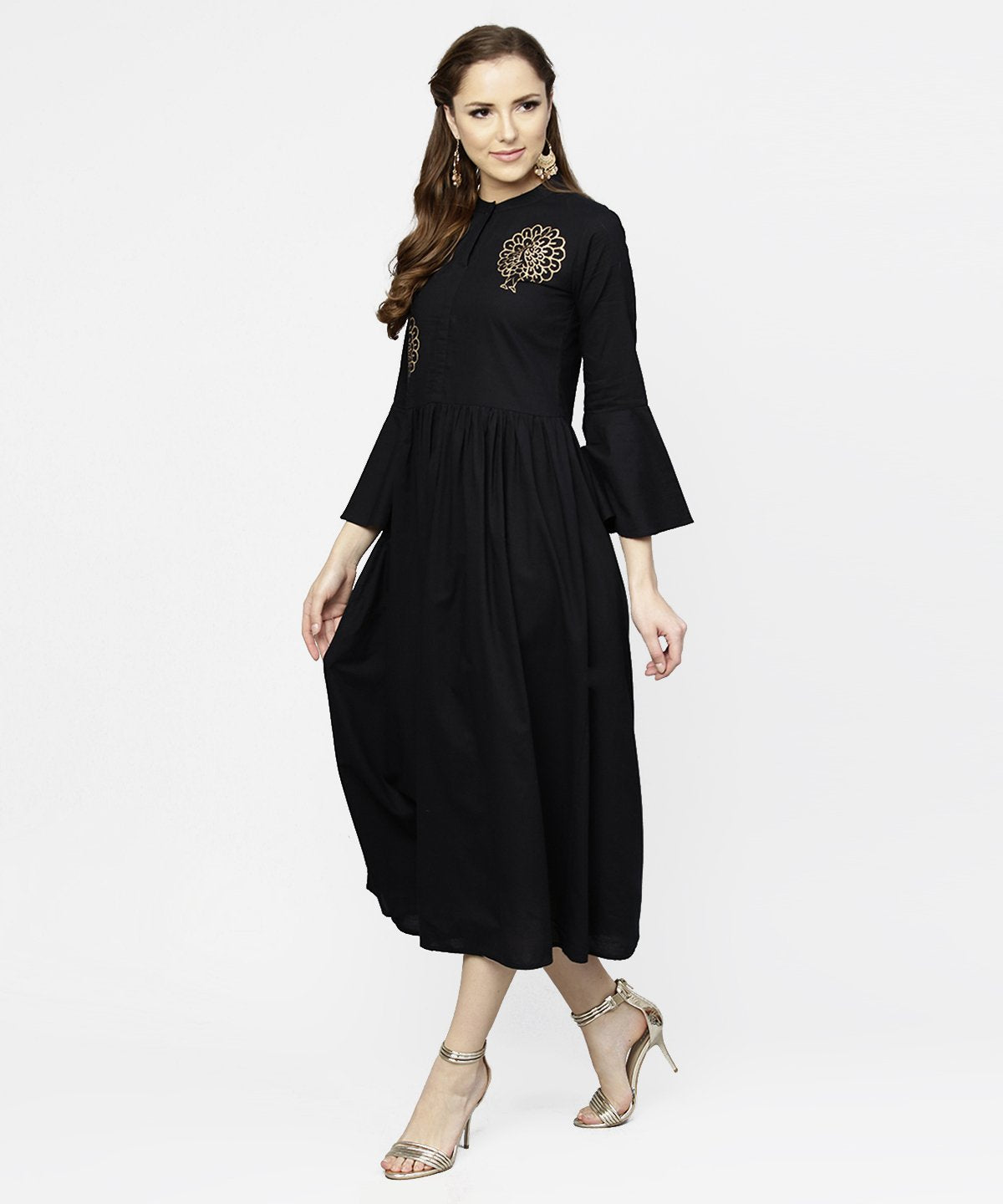 Women's Black Full Sleeve Golden Boota Printed Cotton Maxi Dress - Nayo Clothing