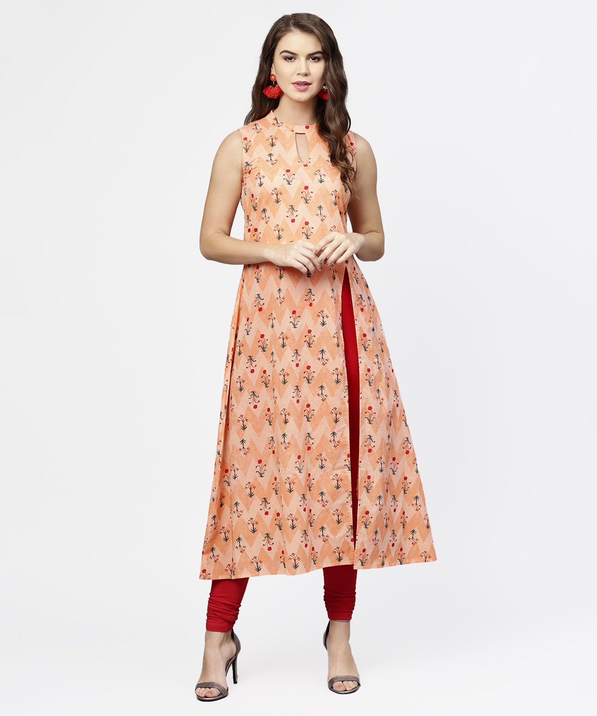 Women's Peach Printed Sleeveless Cotton Front Slit Kurta - Nayo Clothing